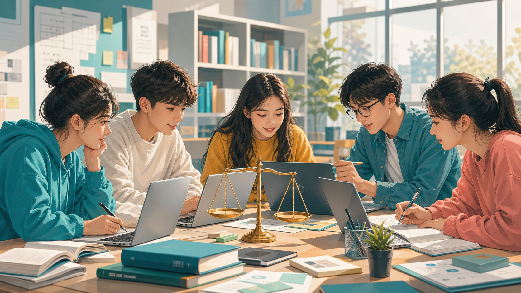 学生在图书馆使用人工智能辅助学习并讨论学术公平